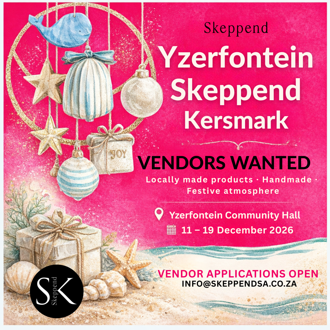 Advertisement for Skeppend Yzerfontein Market with festive decorations and text on a pink background.